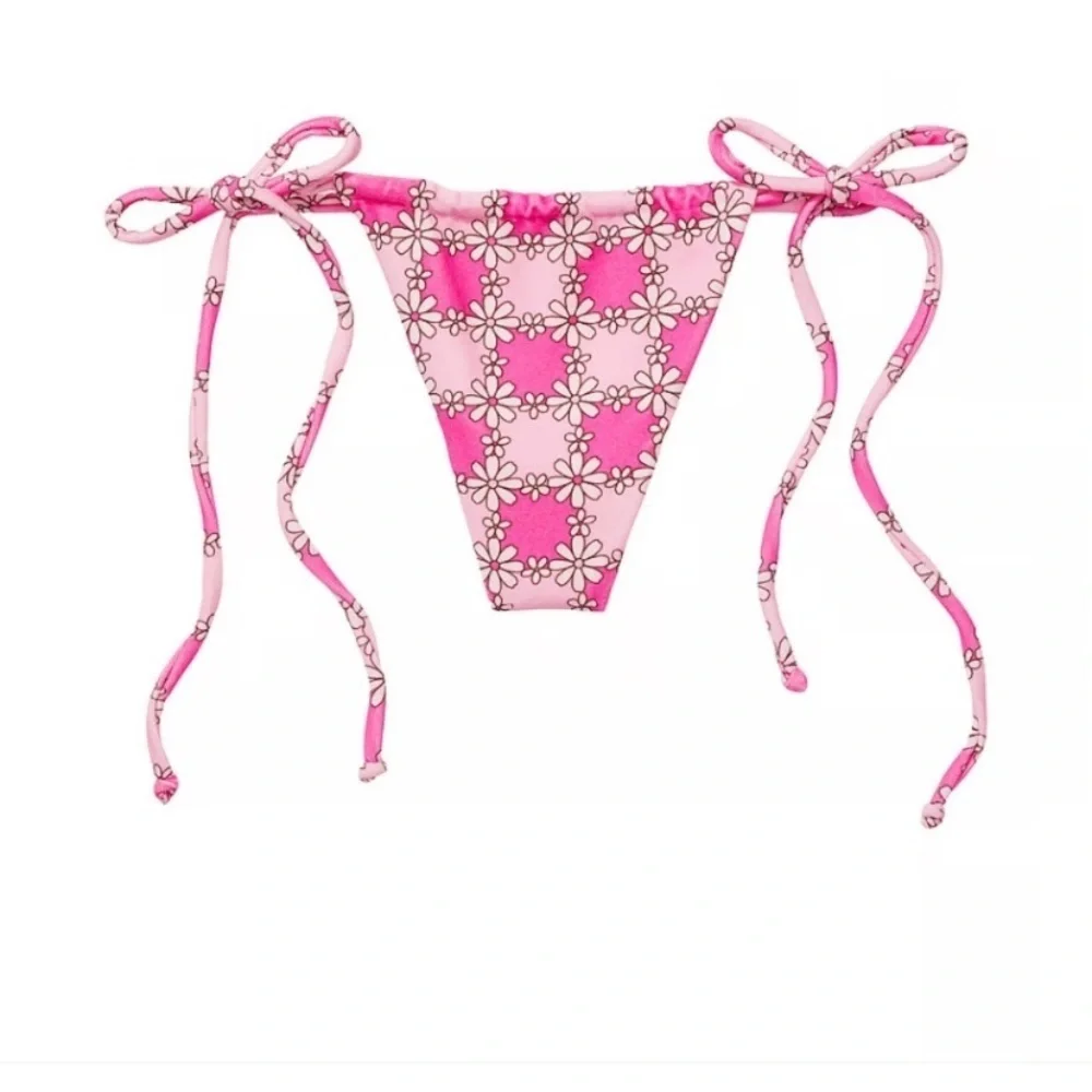 New! Frankie’s bikinis Tia Terry String Bikini Bottom Pink Daisy 24417
